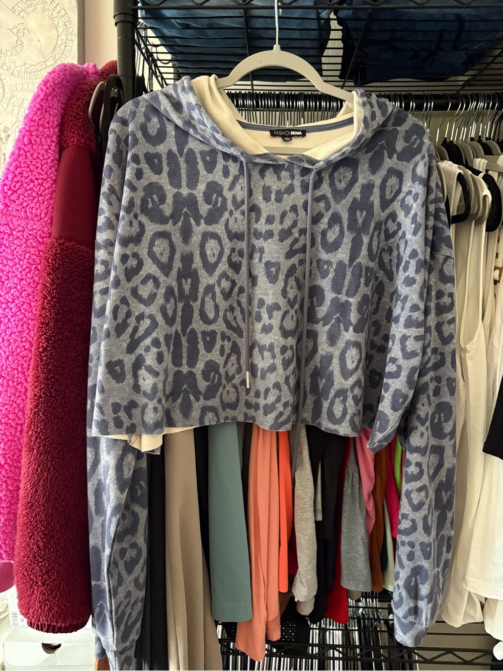 Fashion Nova Blue Leopard Cropped Hoodie with Drawstring